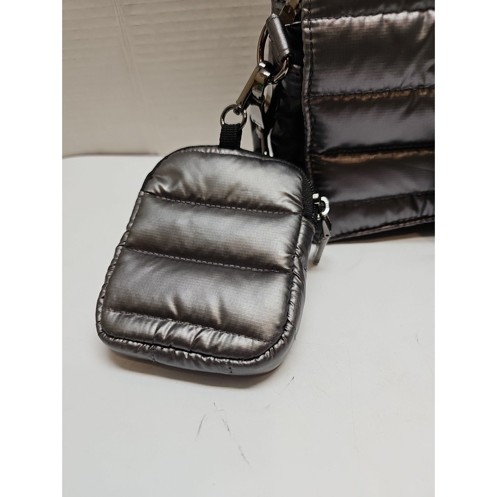 Think Royln Nylon Quilted Striped Adjustable Strap Small Shoulder Handbag Gray - Picture 3 of 8